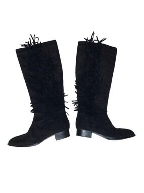 Women's Hooked Black Suede look Fringe Heeled Boots Size 7.5